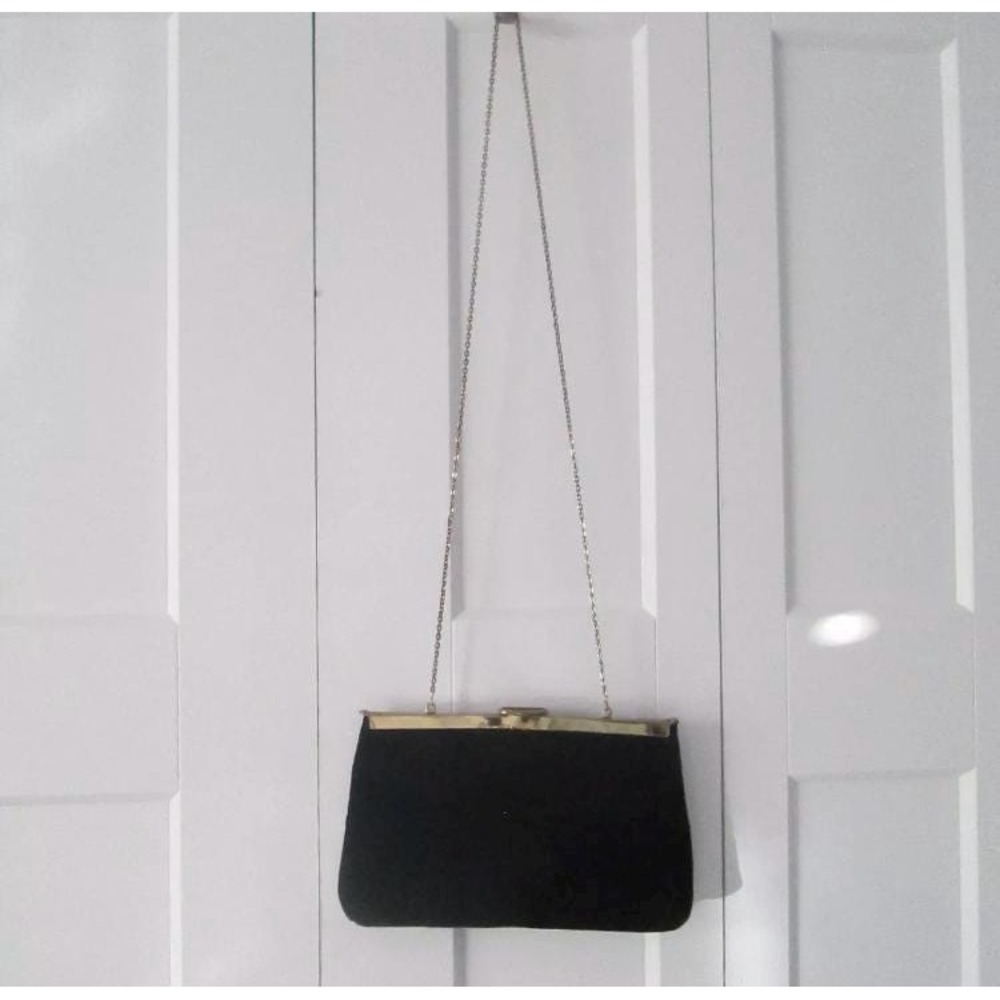 Etra Vintage Clutch Shoulder Purse Black Envelope Velvet Velour‎ Soft Gold